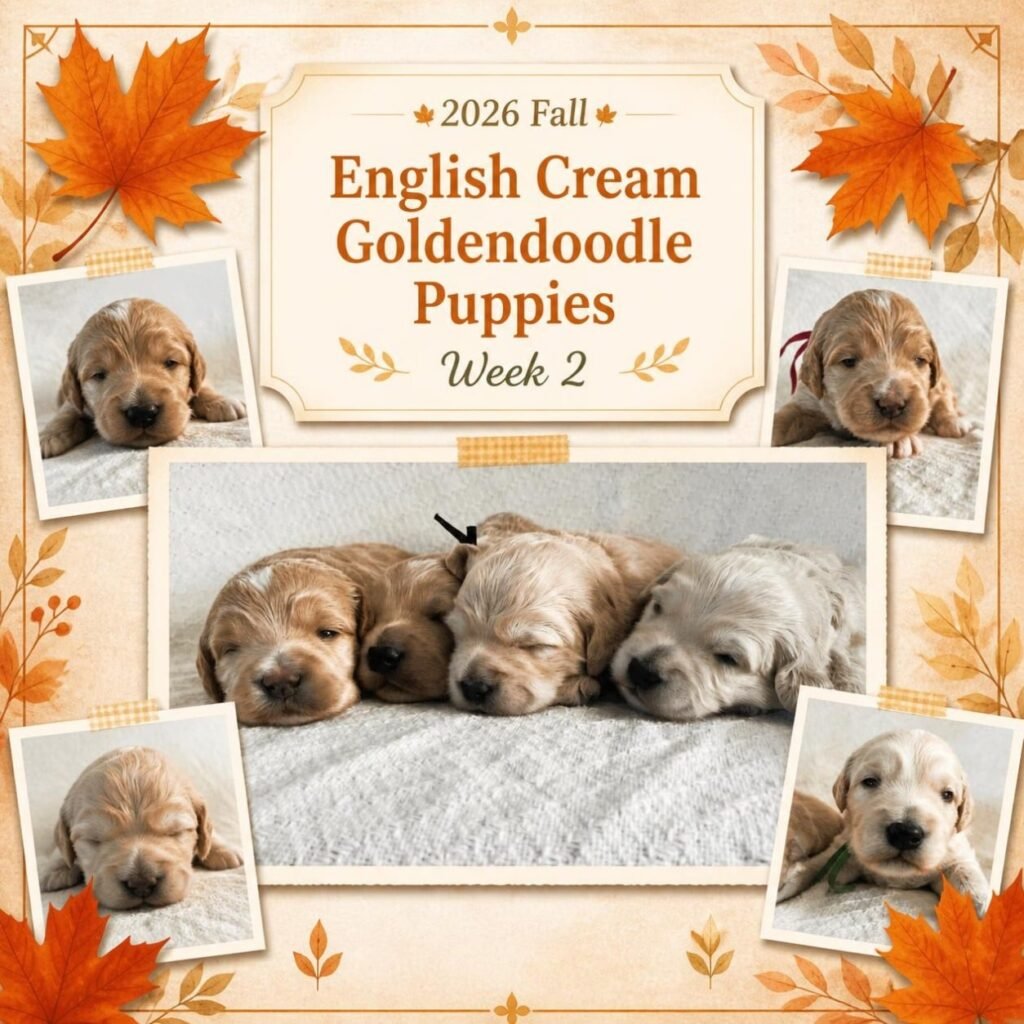 "English Cream Goldendoodle Puppies Week 2" with autumn leaf decorations, featuring individual photo polaroids of four Goldendoodle puppies and a center picture of all four sleeping together in a row. 