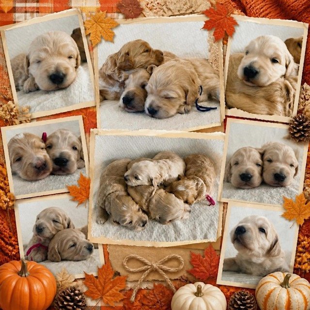 An autumn-themed photo collage showing Goldendoodle puppies cuddling together, framed by fall leaves, pinecones, pumpkins, and a twine bow.